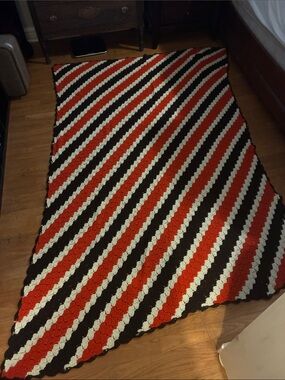 Striped Crochet Throw Blanket in Red, Black & Cream